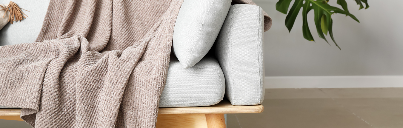 Cozy couch with pillows, blanket, and plant.